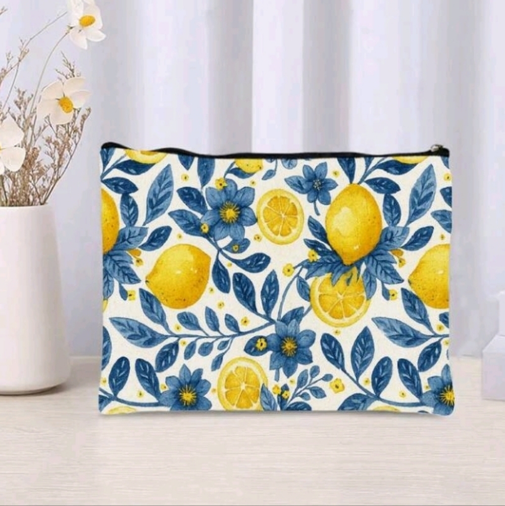Lemons and Blue Floral Pouch Zipper Purse Bag